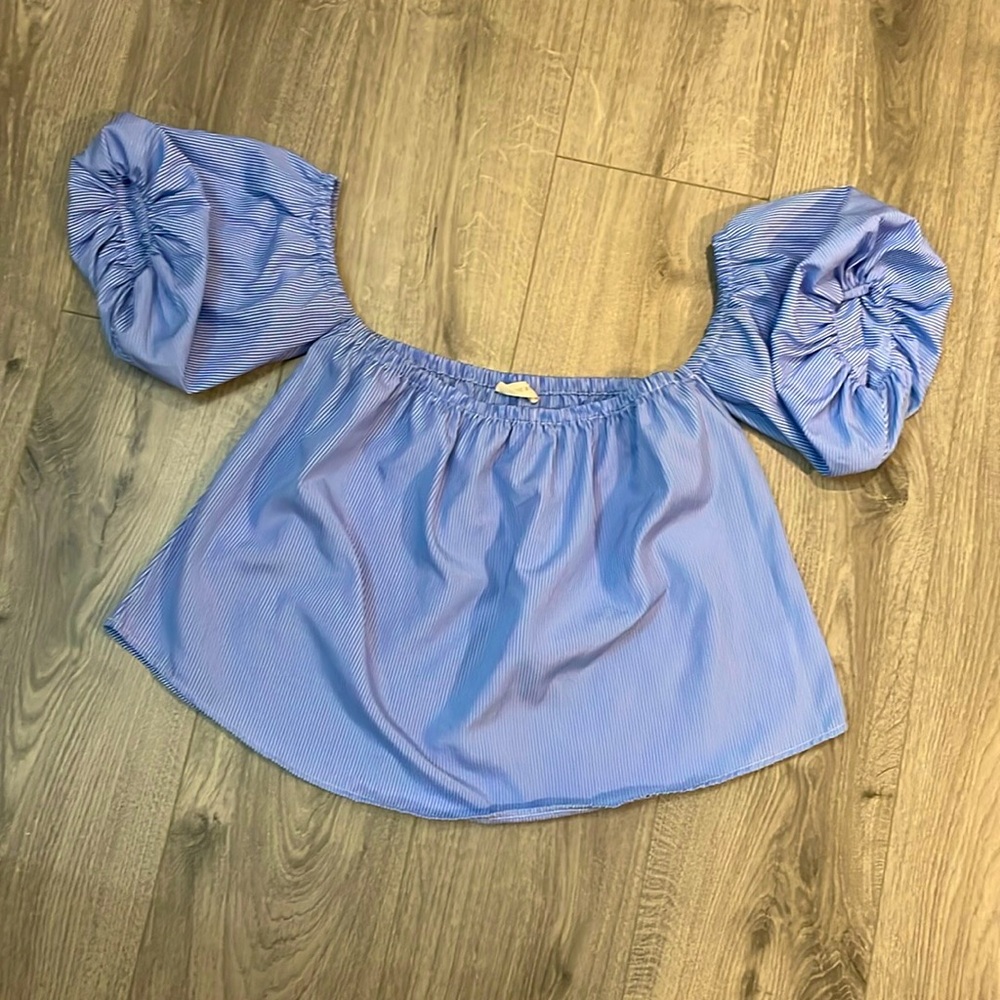 Sophie Rue  Pinstriped Off the shoulders Crop with attached bubble Sleeves